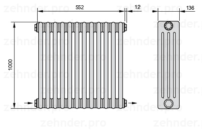 Схема (чертеж) Радиатор Zehnder Charleston 4100/12 №2670 Белый глянцевый RAL 9016